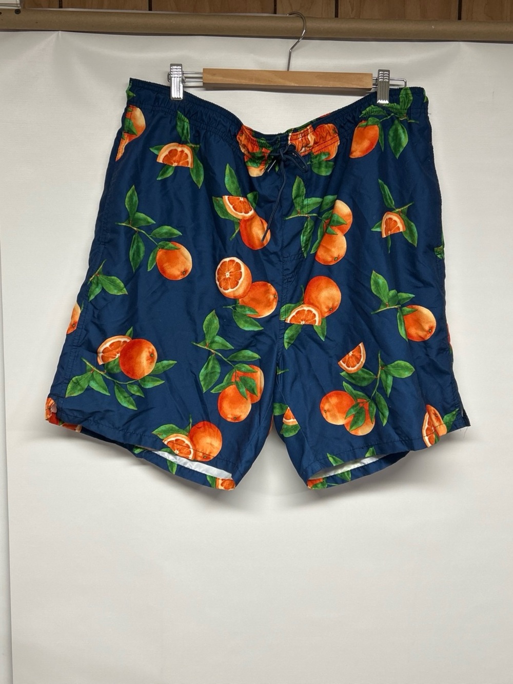 Men's Navy Blue Orange Print Swim Trunks